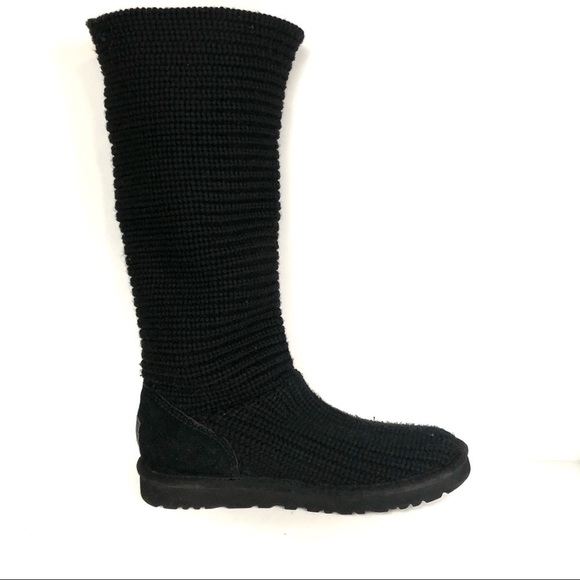 UGG Women’s Crochet Shearling Classic Cardy Black Knit Fold Over Button Boots - Picture 6 of 9